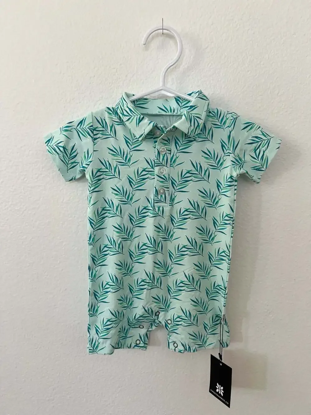 Sweet Bamboo Baby Polo Romper in Palm Leaf Print